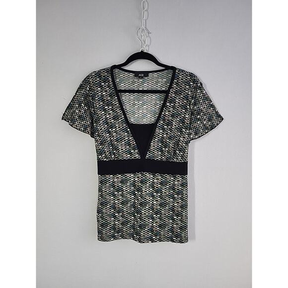 Vintage 90s Babydoll Top Black Green Geometric Flutter Short Sleeve Bow Boho USA - Picture 7 of 15